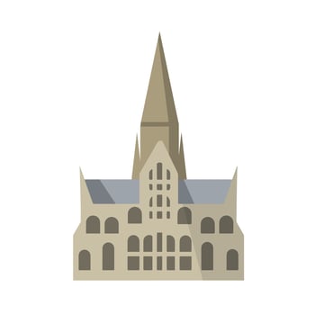 Salisbury Cathedral of virgin Mary. Gothic Church in England. Anglican religious building. Landmark of medieval city. Flat cartoon vector