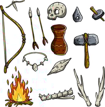 Set of tools and weapons of the caveman. Bow, arrow, necklace, skull, jug, fire, spine, bones, deer horn, stone hammer, club. Lifestyle and items for hunting prehistoric man. Cartoon hand drawn image vector