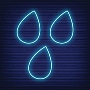 Rain drop icon glow neon style, concept weather condition outline flat vector illustration, isolated on black. Brick background.