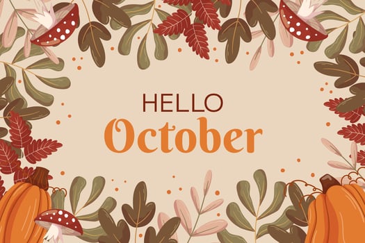 Autumn Hello October background design with different leaves branches, pumpkins and mushroom fly agaric, copy space. Fall concept backdrop frame with autumn vegetable and foliage. vector