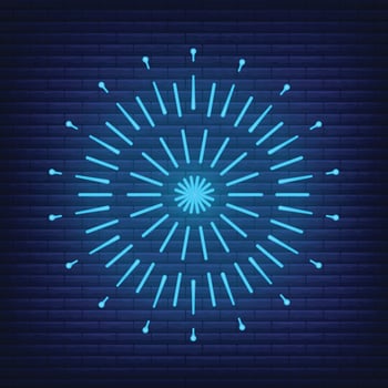 Retro design light sunburst neon style glow geometric shape, vintage rays sunlight explosion icon concept vector illustration, isolated on black wall.