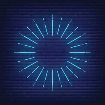 Retro design light sunburst neon style glow geometric shape, vintage rays sunlight explosion icon concept vector illustration, isolated on black wall.