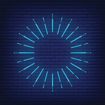 Retro design light sunburst neon style glow geometric shape, vintage rays sunlight explosion icon concept vector illustration, isolated on black wall.