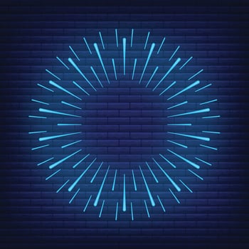 Retro design light sunburst neon style glow geometric shape, vintage rays sunlight explosion icon concept vector illustration, isolated on black wall.