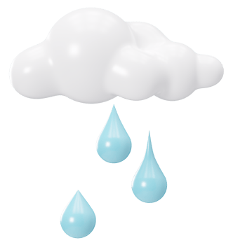 3D cloud and rain drops isolated on white background. Cut out design element. Cute cloud with water droplets, cartoon style. 3D render png