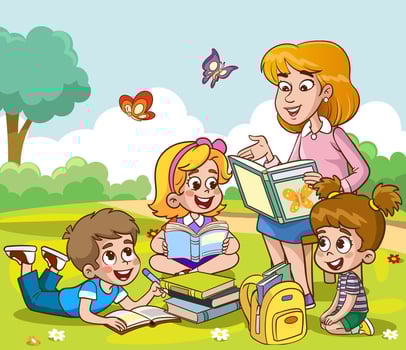 Teacher reading books to children.Children and teacher in the park vector illustration