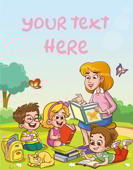 Teacher reading books to children.Children and teacher in the park vector illustration