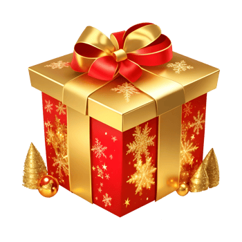 3D red gift box with golden ribbon and Christmas tree on transparent background png