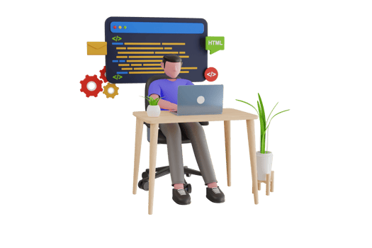 Professional programmer writing code for testing computer software. Man using computer for fixing bugs, coding and programing. 3d illustration png