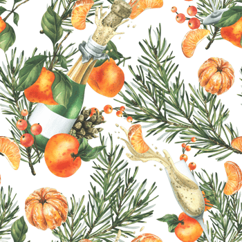 Tangerines with pine branches and cones, champagne in bottles and glasses. Hand drawn watercolor illustration for christmas fabric, textile, wrapping paper. Seamless pattern png