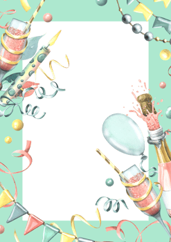 Vertical birthday card with pink champagne, balloons, gifts, confetti, flags, cake. Watercolor illustration, hand drawn. Frame template for text png