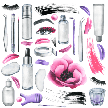 Set of professional cosmetics and tools for makers of lamination, painting eyelashes and eyebrows. Watercolor illustration, hand drawn. Isolated objects png