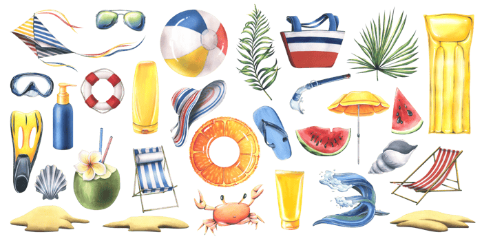 Set of beach summer inflatable toys, accessories, creams, plants. Watercolor illustration, hand drawn. Beach holiday collection isolated objects png