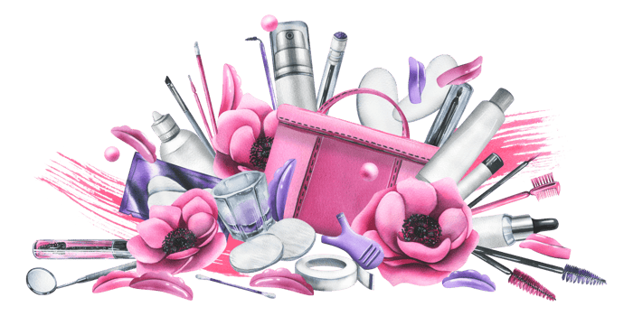Pink cosmetic bag with eyelash lamination tools, brushes, silicone rollers, bottled products. Watercolor illustration, hand drawn. Isolated composition png