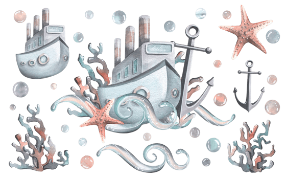 A boat, a steamer with waves, an anchor, corals and a starfish. Watercolor illustration hand drawn. Set isolated composition with elements png