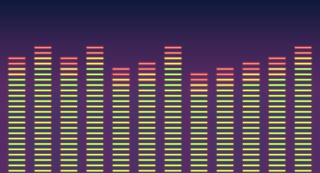 A graph of sound frequencies in green equalizer bands. Equalizer with red peak values vector
