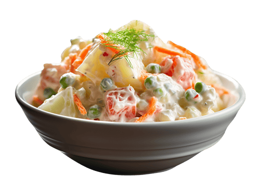 Bowl of tasty russian salad isolated on transparent background png