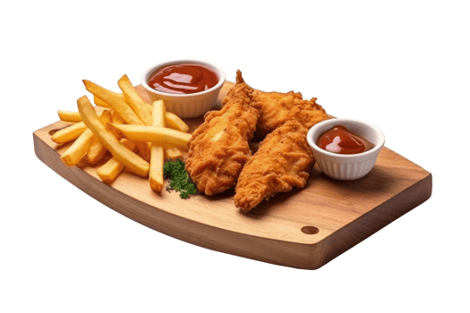 Fried chicken with french fries on png background