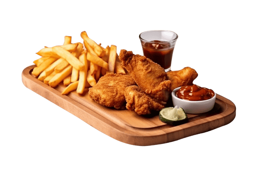 Fried chicken with french fries on png background
