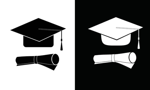 Graduation cap icon vector. Graduation hat vector in silhouette style. School supplies icon vector. Back to school concept. Learning and education icon. Flat vector in black and white.