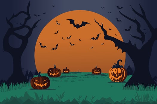 Halloween night background with pumpkin, trees, moon, horror style, vector illustration