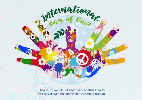 Hands of human make in a flying bird shape with colorful peace sign and colors splash, the day and name if event, example texts on global and light blue background. vector