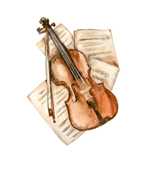 Old violin lies on paper with notes. png