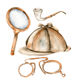 Set old magnifying glass, cap, smoking pipe. png