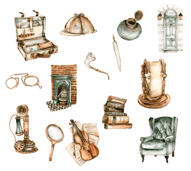 Set of old travel suitcase, magnifying glass, smoking pipe, monocle, ink, pen, cap. png