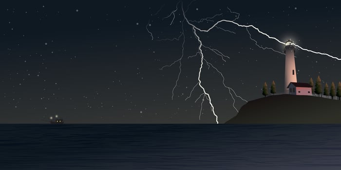 Lighthouse on rock cliff hit by lightning at sea shore have fishing boat at skyline. Island pharos, light house, seascape, signal building on seaside and stars on the sky at night. vector