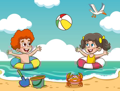 cute kids having fun in the sea vector