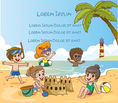 Children's camp with summer scenery.kids having fun at the sea vector