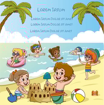 Children's camp with summer scenery.kids having fun at the sea vector