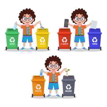 Set of illustrations of a boy sorting garbage vector