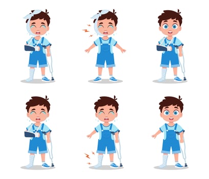 Set of illustrations of a boy with a broken arm, bandaged head, crying in pain and on crutches. vector