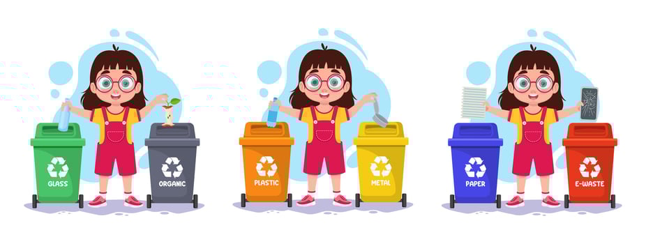 Set of illustrations of a girl sorting garbage vector
