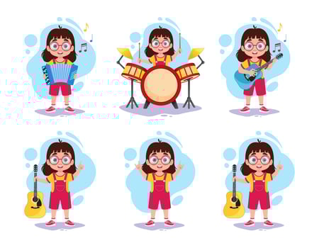 Set of illustrations of a girl playing music vector