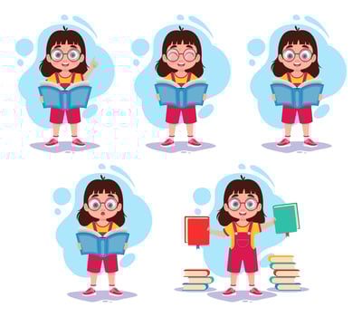 Set of illustrations of a girl with books vector