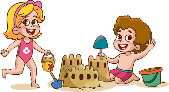 Children making sand castle at the beach vector