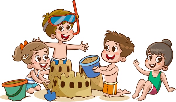 Children making sand castle at the beach vector