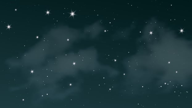 Night sky with clouds and many stars. Abstract nature background with stardust in deep universe. Vector illustration.