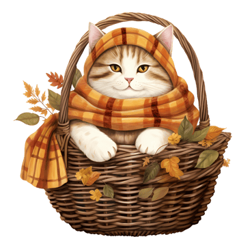 Cute chubby cat wear scarf in autumn theme in basket watercolor illustration png