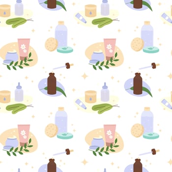 Skin care products seamless background. Skincare pattern. Organic cosmetics concept. Moisturizer, serum, cream, cleanser and green leaves. Repeat vector illustration