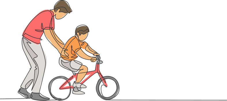 One continuous line drawing of young father help his boy kid learning to ride a bicycle at countryside together. Parenthood lesson concept. Dynamic single line draw design graphic illustration png