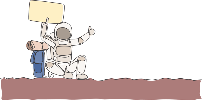 Single continuous line drawing of astronaut hitchhiker holding paper board while waiting for ride in moon surface road. Cosmonaut outer space concept. Trendy one line draw design illustration png