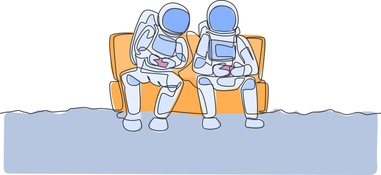 One single line drawing two young happy astronauts siting on sofa and playing video game in moon surface graphic illustration. Cosmonaut outer space concept. Modern continuous line draw design png