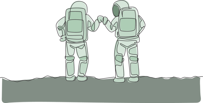 One continuous line drawing of two young happy astronauts giving fist bump gesture in moon surface, rear view. Space man deep space concept. Dynamic single line draw design graphic illustration png