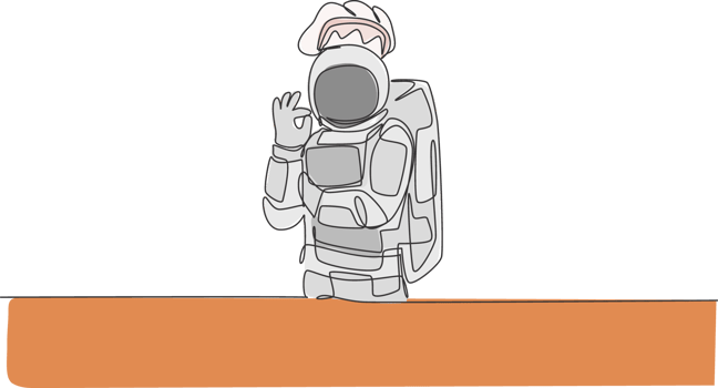 One continuous line drawing of young astronaut chef giving delicious hand gesture for tasty dish. Healthy cuisine food menu on restaurant concept. Dynamic single line draw design illustration png