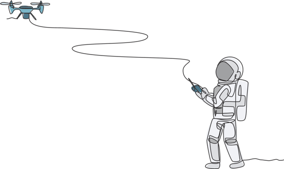 One continuous line drawing of astronaut playing drone plane radio control in moon cosmic galaxy. Outer space hobby and lifestyle concept. Dynamic single line draw design graphic illustration png