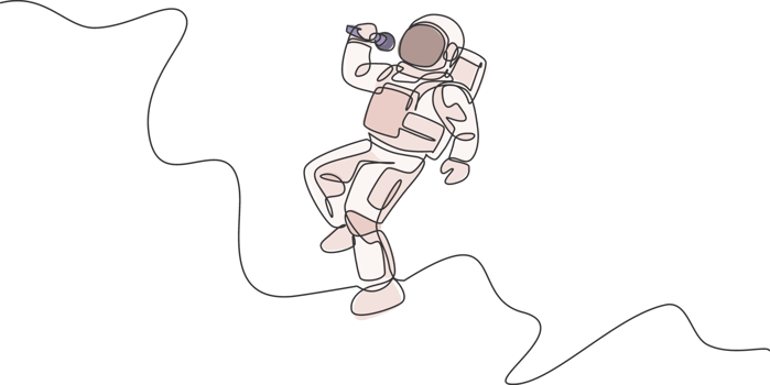 One continuous line drawing of astronaut singer with spacesuit singing a song in galaxy universe. Outer space music concert and orchestra concept. Dynamic single line draw design illustration png